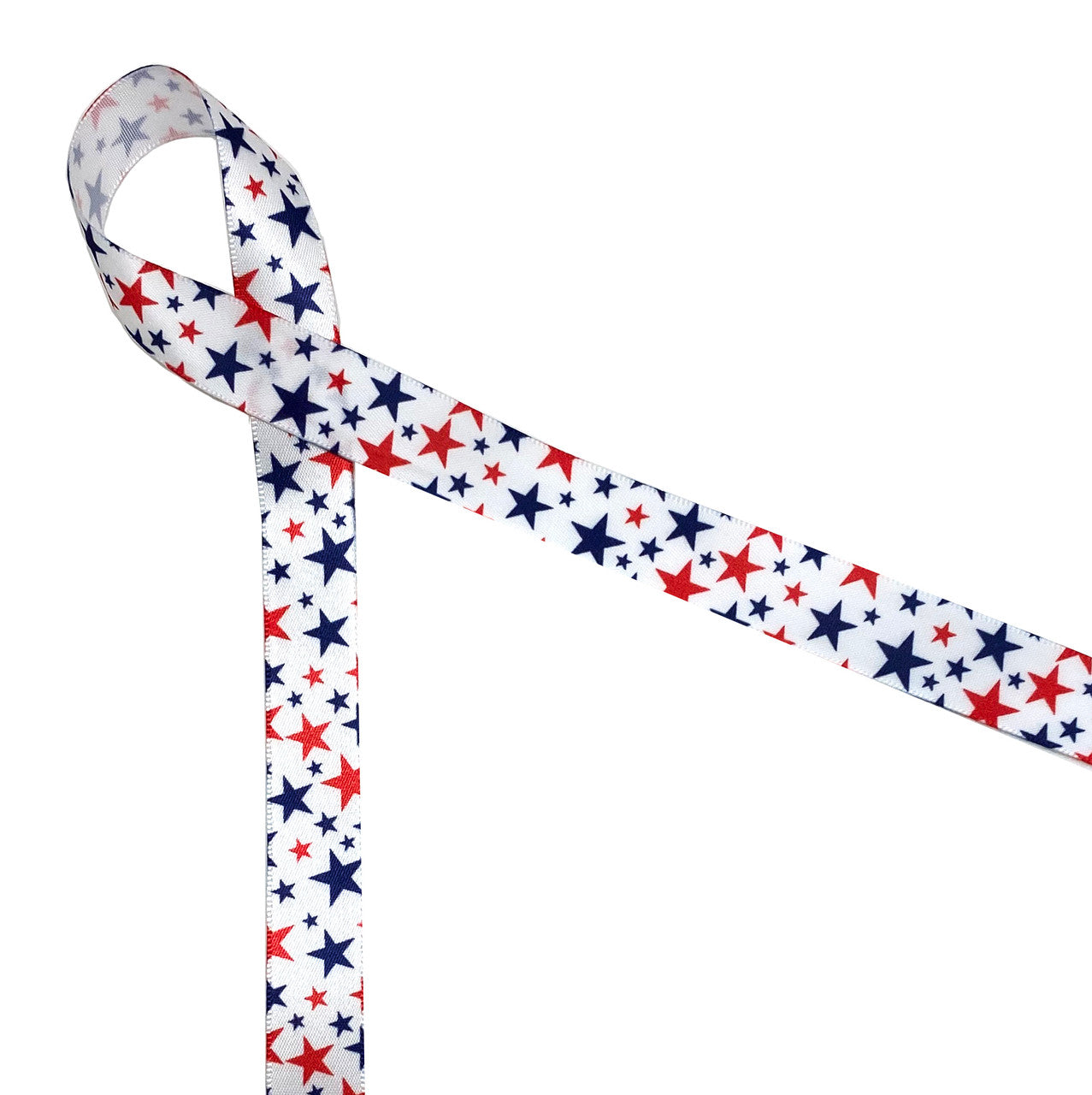 Stars Ribbon in Red and Navy Blue on 5/8 white single face satin